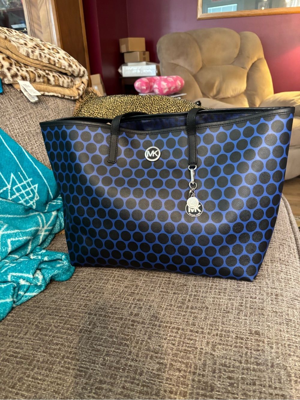 Michael Kors Blue and Black Polka Dot Tote with MK Charm